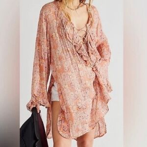 Free People Nisha Maxi Shirt Ruffle Floral Pin Tuck Oversized Romantic Lace-Up